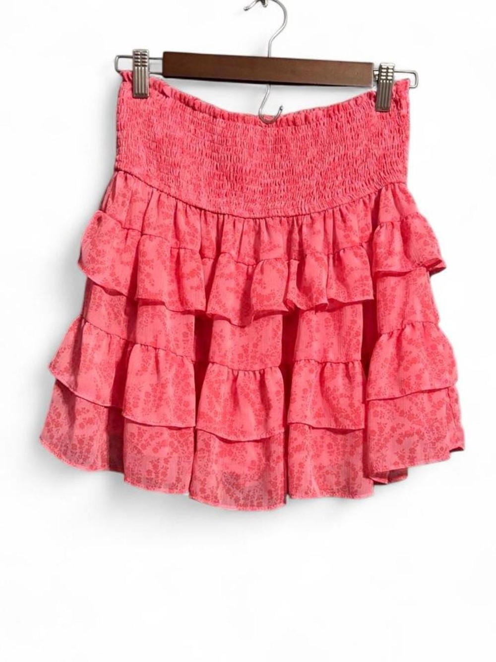 The Impeccable Pig Pink feminine Floral Ruffle Tiered smocked Mini Skirt Size L